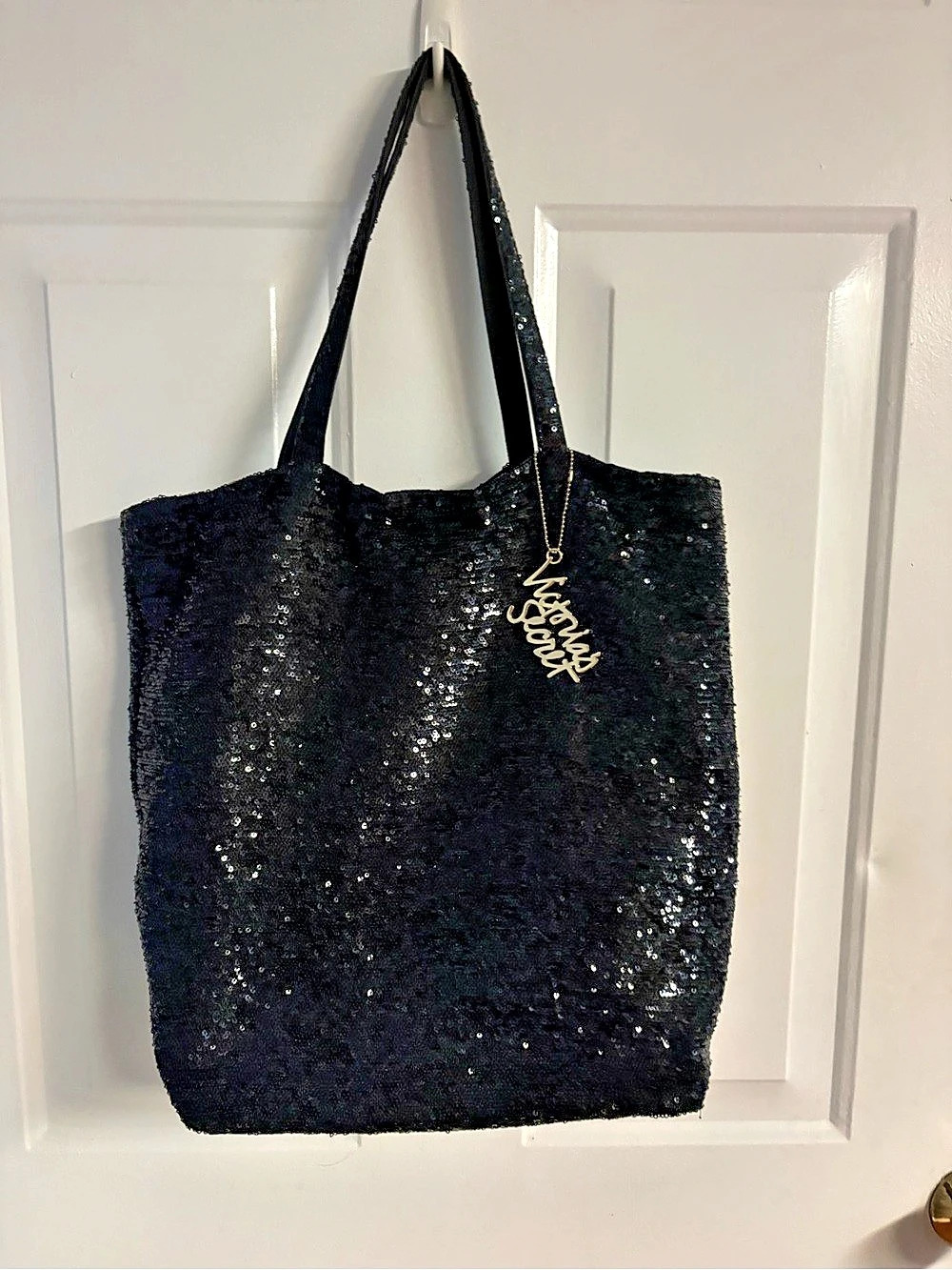 Vintage Victoria’s Secret Black Sequin Holiday Tote Bag with Logo Charm